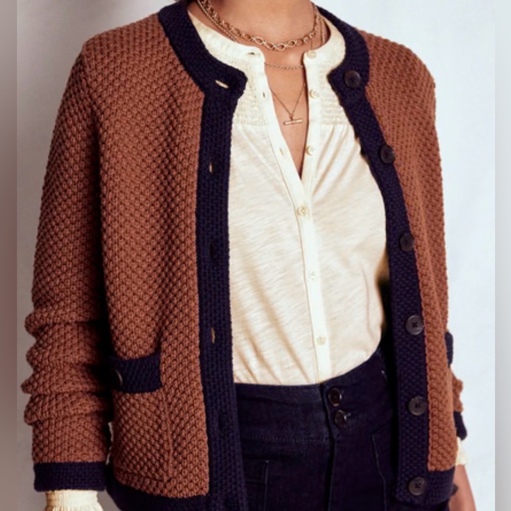 Boden Libby Knitted Jacket in camel brown and navy